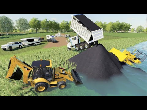 Building bridge to get campers across flooded river | Farming Simulator 19