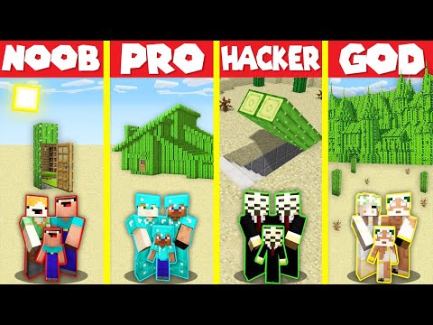 Minecraft Battle: CACTUS BLOCK BASE HOUSE BUILD CHALLENGE – NOOB vs PRO vs HACKER vs GOD / Animation