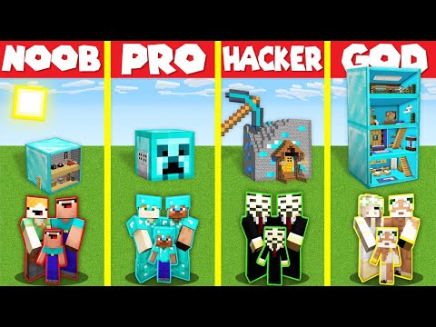 Minecraft Battle: INSIDE DIAMOND BLOCK BASE HOUSE BUILD CHALLENGE – NOOB vs PRO vs HACKER vs GOD