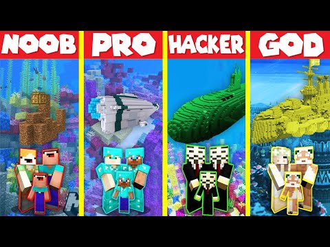 Minecraft Battle: SUBMARINE BASE HOUSE BUILD CHALLENGE – NOOB vs PRO vs HACKER vs GOD / Animation