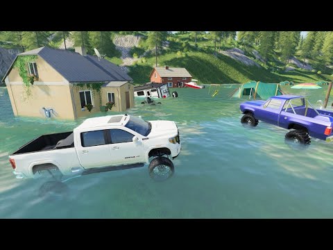 Our campsite is flooded while looking for secret cave | Farming Simulator 19 camping and mudding
