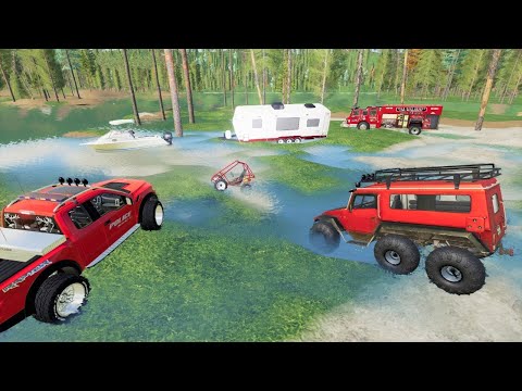 Rescuing campers after huge flood | Farming Simulator 19 camping and mudding