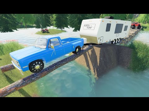 Rescuing campers from a flooded campsite | Building log bridge | Farming Simulator 19 camping