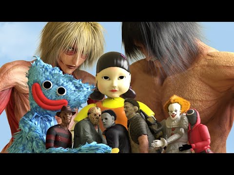 Squid Game Villains attack Titan, Freddy, Pennywise, halloween and Huggy Wuggy