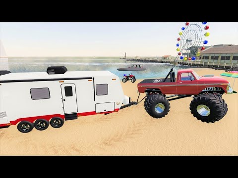 Summer beach camping with Monster truck and boats | Farming Simulator 19 camping and mudding