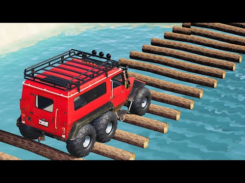 SUSPENSION TESTING ! CARS vs LOG BRIDGE ON LAKE ! Farming Simulator 19 !