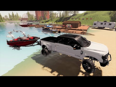 Taking the boat and camper out on the lake | Farming Simulator 19 camping and boating