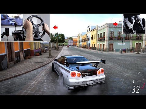 Forza Horizon 5 – Drifting Skyline R34 in City (w/900° Steering Wheel Setup)