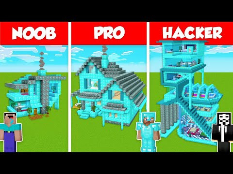 DIAMOND BLOCK BASE HOUSE BUILD CHALLENGE – NOOB vs PRO vs HACKER / Minecraft Battle Animation