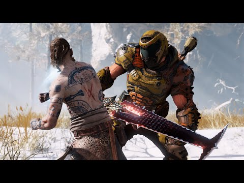 DOOMSLAYER in God of War VS Baldur Boss Fight – Doomguy Kratos Skin! (God of War PC Mod)