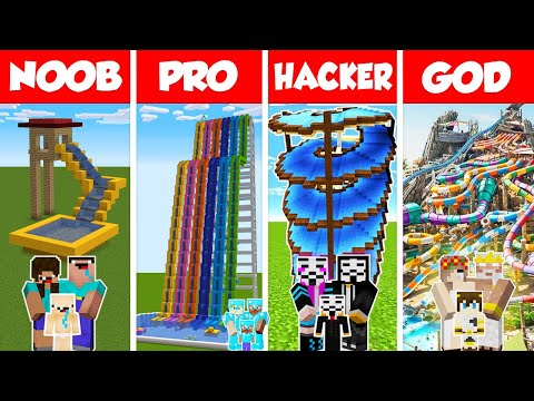 Minecraft FAMILY WATER PARK BUILD CHALLENGE – NOOB vs PRO vs HACKER vs GOD / Animation