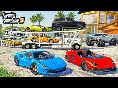 BILLIONAIRE GOES CAR SHOPPING! ($400,000 FERRARI + TRUCKLOAD OF CARS) | FARMING SIMULATOR 2019