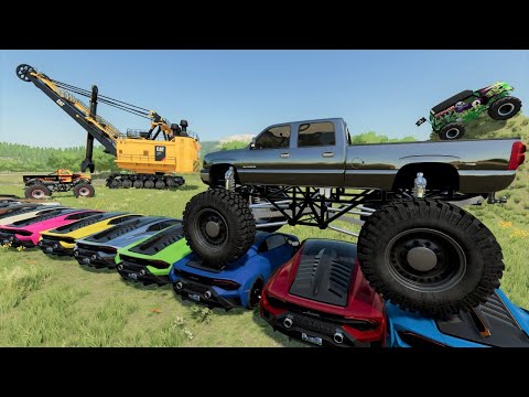 Jumping Monster Truck over Race Cars and Biggest tractor ever | Farming Simulator 22