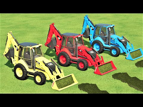 LOADER OF COLORS ! TRANSPORTING & GRASS LOADING with CAT BACKHOE LOADERS ! Farming Simulator 22