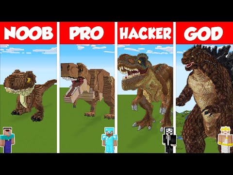 Minecraft T-REX vs GODZILLA STATUE HOUSE BUILD CHALLENGE – NOOB vs PRO vs HACKER vs GOD / Animation