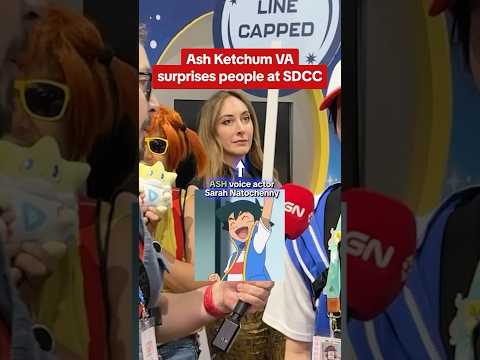 Ash Ketchum voice actor Sarah Natochenny surprises Pokémon cosplayers! #pokemon #ign #cosplay #sdcc